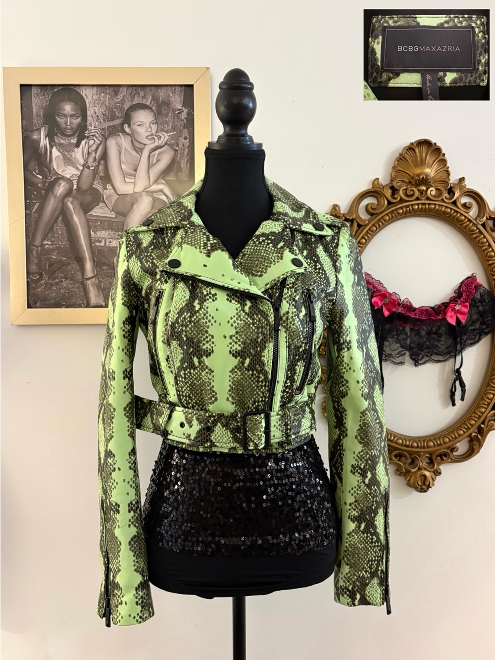 BCBGMAXAZRIA Neon Python Print Lamb Leather Moto Jacket | XS